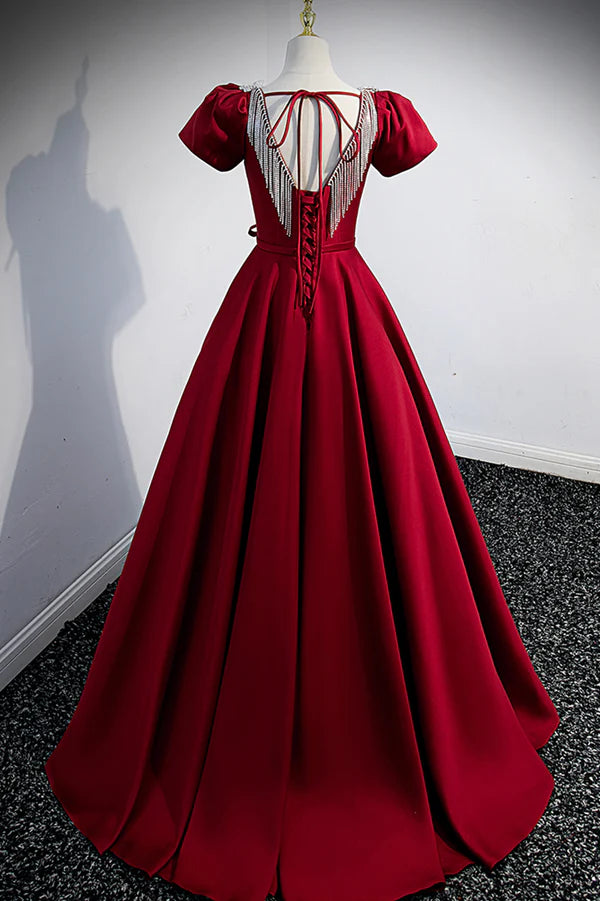 Wholesale Burgundy Scoop Neckline Satin Long Prom Dress Short Sleeve Evening Dress